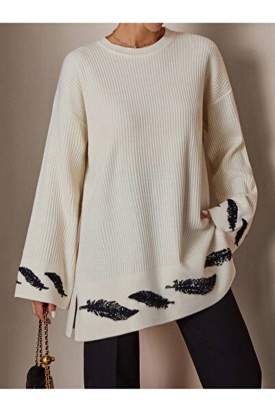 Cherry Butik Yırtmaçlı Yaprak Örgü Detaylı Şık Yumuşak Dokulu Tunik Triko Kazak Bluz
