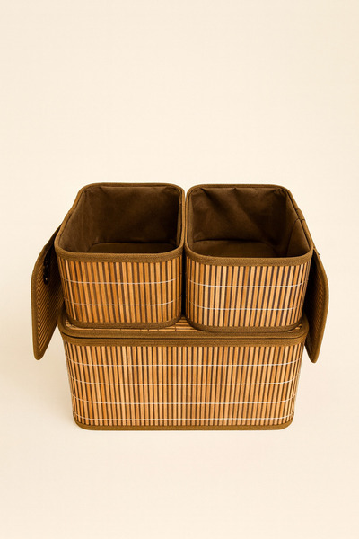 Mirilliahome Set of 3 Fabric Baskets with Bamboo Lids |   Large and Small Size Organizer Boxes