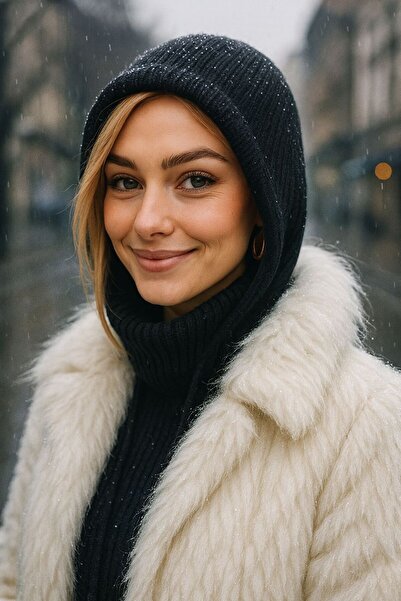 BALIENTE Black Halter Neck Corded Fabric Lace-Up Knitwear Women's Beanie