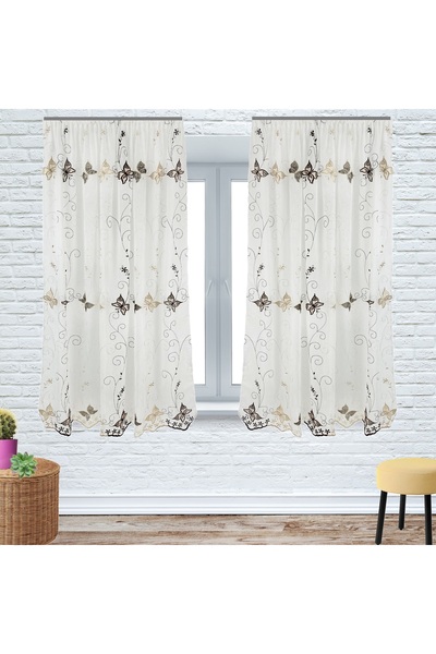 OEM Set of 2 kitchen curtains. 2X140x165 cm, butterflies, white/brown