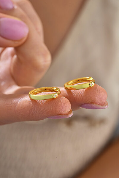 ESSARE 925 Ayar Gümüş Gold Kaplama Tektaş Detay 15 mm Halka Küpe