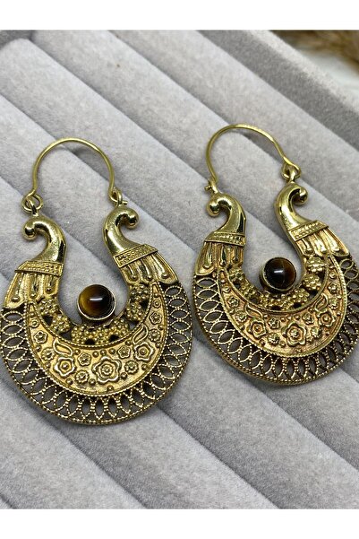 Kaan Accessoire Bohemian oymalı halka küpe Bronz Antik İşlemeli Doğal Taşlı Tasarım Küpe