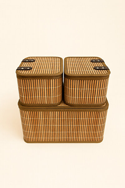 Mirilliahome Set of 3 Fabric Baskets with Bamboo Lids |   Large and Small Size Organizer Boxes