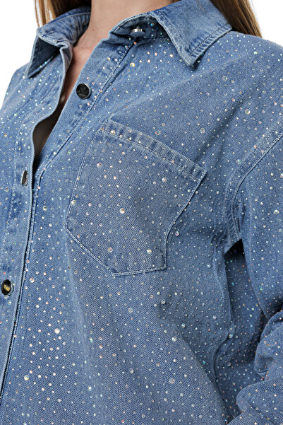 Jolenttine Cămașă din denim cu strasuri, Albastră