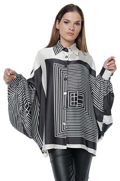 Jolenth Satin oversized shirt, white with black