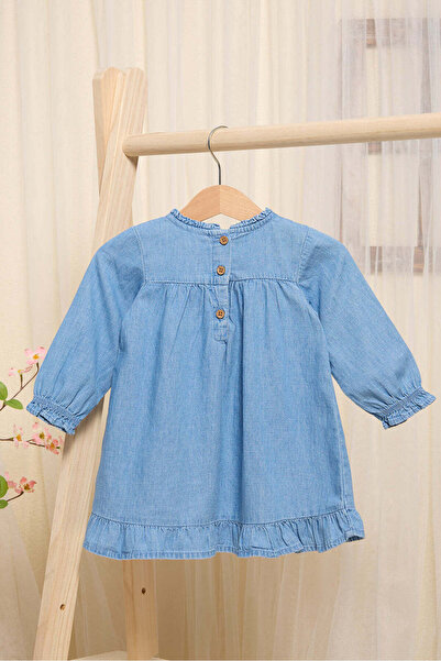 REDTAG Infant Girls Blue Denim Embroidered Dress