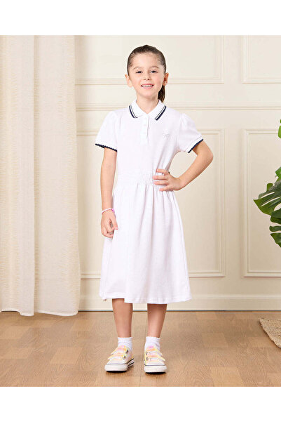 REDTAG Girls White Embellished Pique Polo Dress
