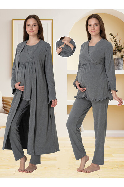 Effortt Dvina Lohusa Sabahlıklı Pijama Takımı Füme - 4044