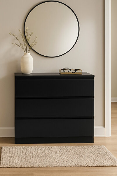 MARIA HOMES Black Wooden Drawer Cabinet 80×48×79 cm – Modern 3-Drawer Dresser for Bedroom, Living Room & Office
