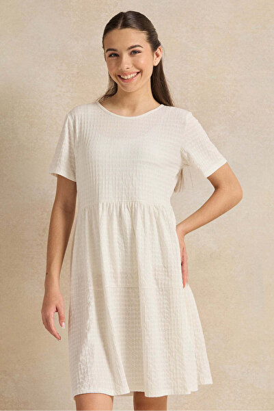 REDTAG Senior Girls White Jacquard Tiered Dress