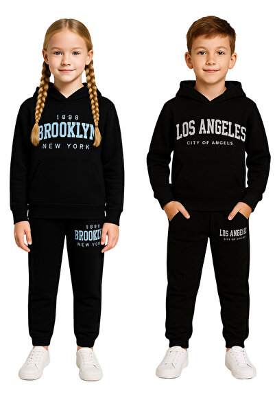 minikiss 2 Pieces 3-Thread Unisex Hooded Top and Bottom with Pocket Children's 2-Piece Set