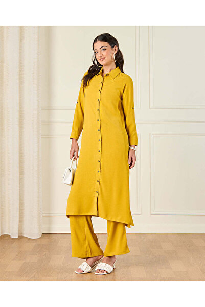 REDTAG Women Yellow Long Length Button Down Shirt Dress