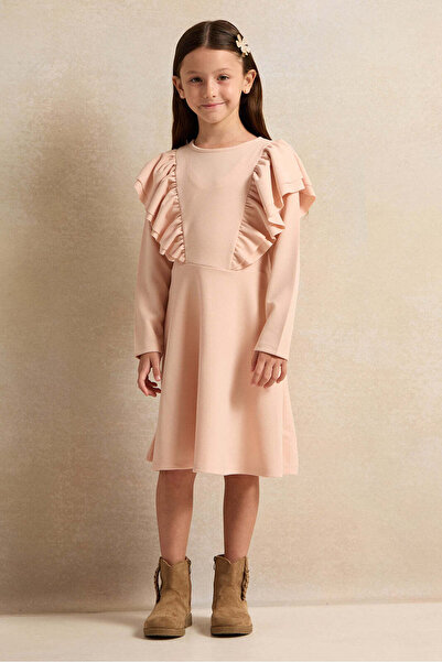 REDTAG Girls Peach Frill Long Sleeves Dress