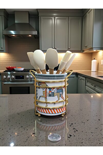 ferayhome Mutfak Aksesuarı Seramik Metalli Kaşıklık Herm Desen GOLD - Feray Home