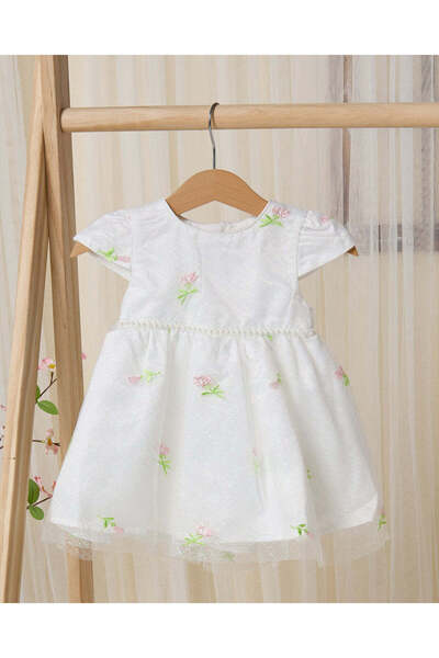 REDTAG فستان شبكي مطرز من لوركس أبيض للبنات الرضع