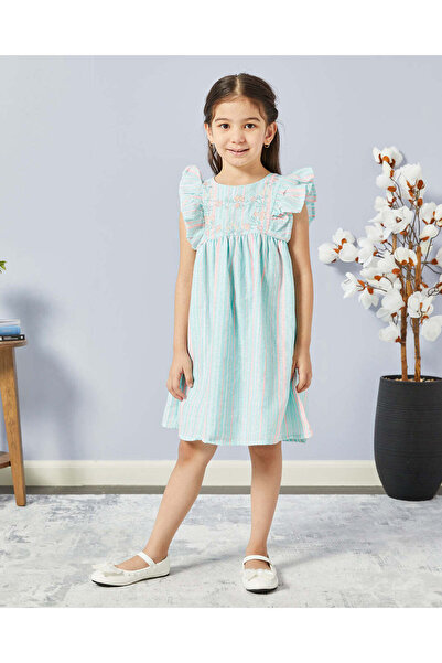 REDTAG Girls Mint Embroidered Frill Sleeve Dress