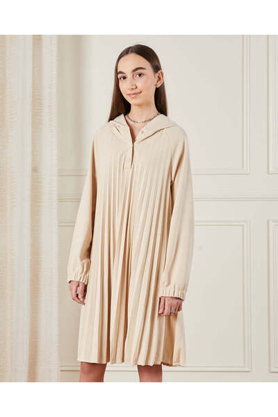 REDTAG Senior Girls Beige Hooded Pleated Dress