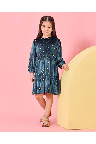 REDTAG Girls Green Velour Star Print Dress