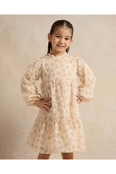 REDTAG Girls Beige Floral Lace Tired Dress