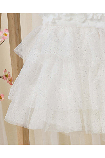 REDTAG Infant Girls White Floral Tiered Mesh Dress