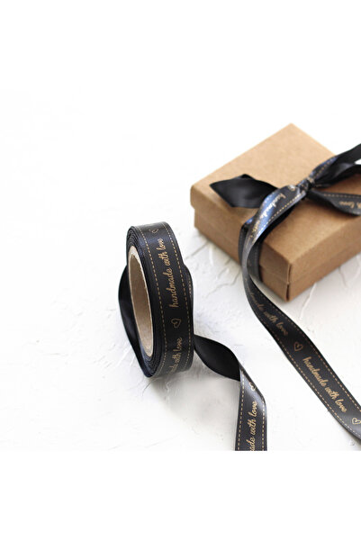 Bimotif Satin Ribbon, Gold Printed Handmade with Love, 1.5 cm 5 Meters Black