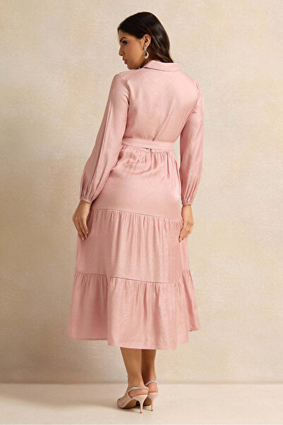 REDTAG Women Pink Shimmer Tiered Belted Dress