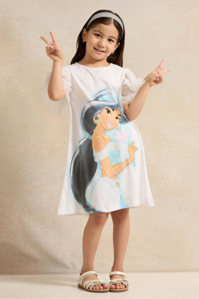 REDTAG Girls White Princess Jasmine Mesh Frill Sleeves Dress