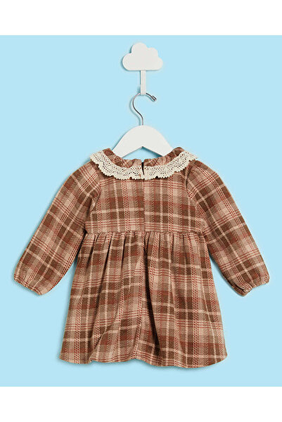REDTAG Infant Girls Brown Check Dress with Long Sleeves
