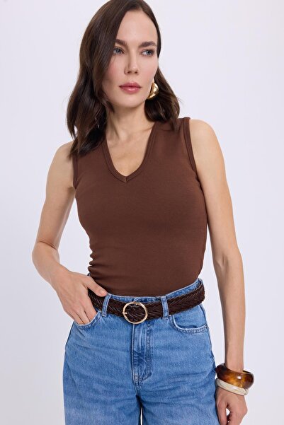 Tudors Women's Slim Fit Slim Fit V-Neck Zero Sleeve Cotton Ribbed Brown Blouse