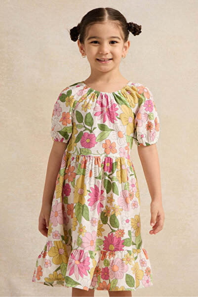 REDTAG Girls White Floral Print Dress