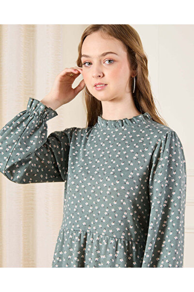 REDTAG Senior Girls Green Floral Print Layered Dress