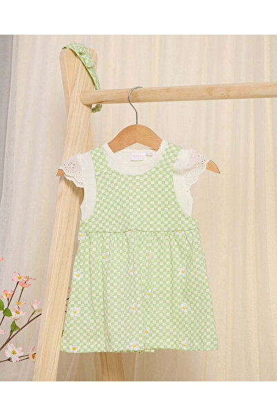 REDTAG Baby Mint And White T-Shirt And Dungaree With Headband Set (3 Piece)