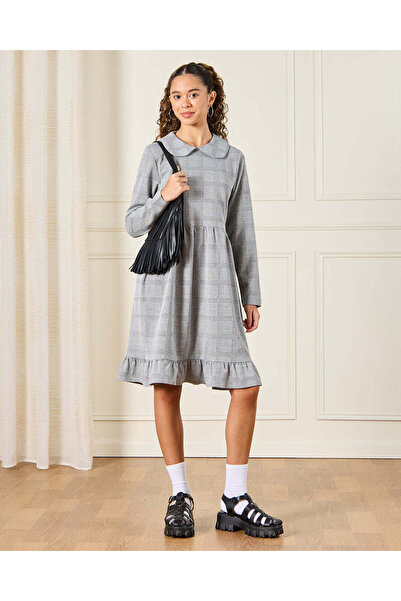 REDTAG Senior Girls Grey Plaid Peterpan Collar Layared Dress