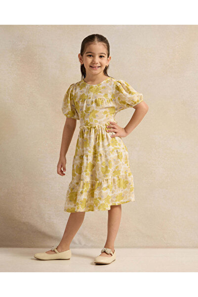 REDTAG Girls Mustard Floral Print Tired Dress