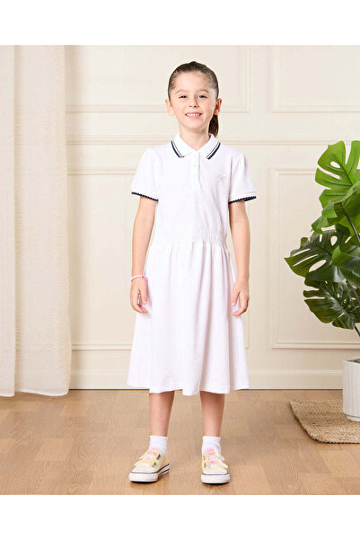 REDTAG Girls White Embellished Pique Polo Dress