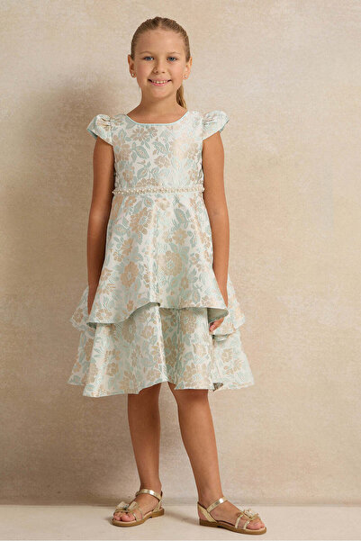 REDTAG Girls Green Floral Jacquard Layered Dress