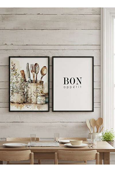 Linacci İkili Siyah Metal Çerçeve Mutfak Şık Camlı Tablo Seti