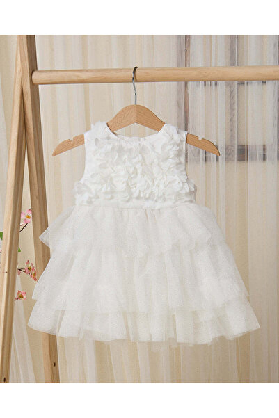 REDTAG Infant Girls White Floral Tiered Mesh Dress