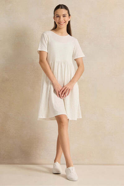 REDTAG Senior Girls White Jacquard Tiered Dress