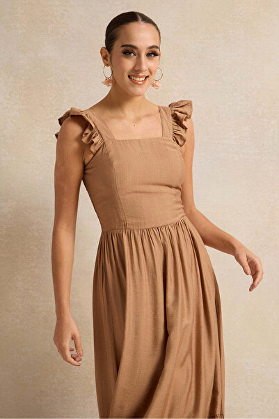 REDTAG Women Brown Square Neck Tiered Dress