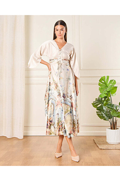 REDTAG Women Cream Printed Maxi Satin Dress