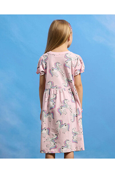 REDTAG Girls Pink Pony Printed Balloon Sleeve Knit Dress