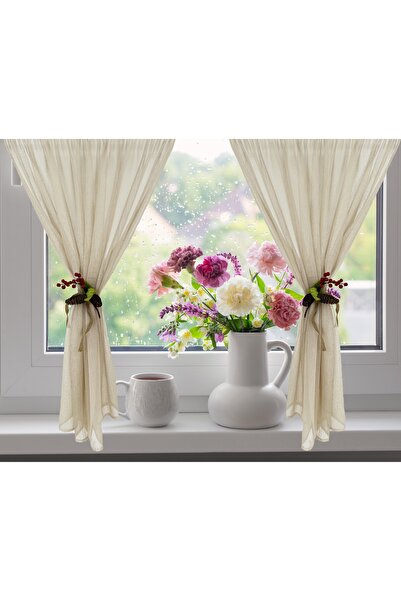 OEM Set of 2 kitchen curtains, 2x140x115 cm, with drapery, splashed texture, beige