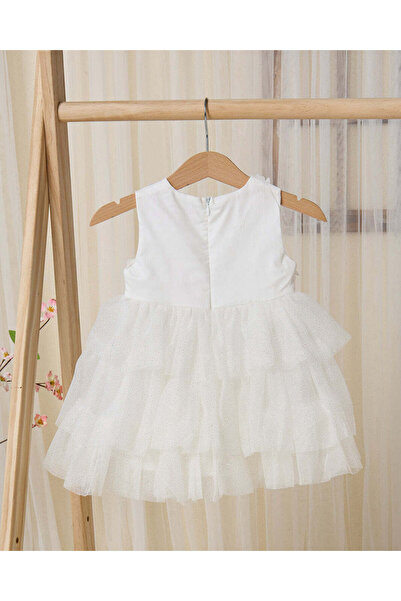 REDTAG Infant Girls White Floral Tiered Mesh Dress