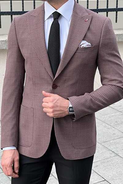 NAZEF Slim Fit Patterned Pointed Collar Bag Pocket 70% Wool Men's Classic Jacket