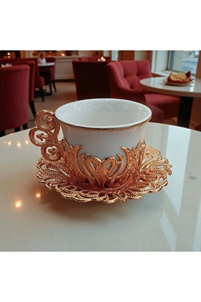 Bakır Center Porcelain Cup Set Copper Nickel Plated Heart Flower Patterned Copper Cup Set for 2 People