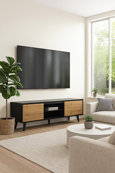 MARIA HOMES Walnut and Black Wooden TV Stand 180×40×57 cm – Modern 2-Door TV Unit with Open Shelves