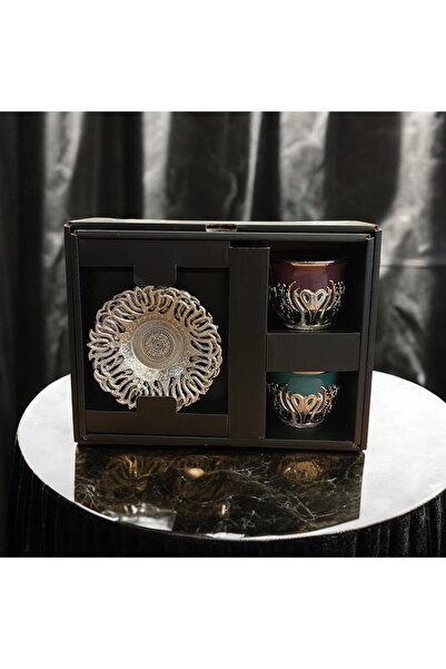 Bakır Center Porselen Fincan Takımı Bakır Nikel Kaplamalı Kalp Çiçek Desenli 2 Kişilik Bakır Fincan Takımı