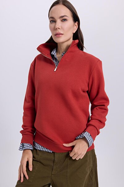 Tudors Γυναικείο φούτερ Relax Fit Άνετο Βαμβακερό Φλις με μισό φερμουάρ Κόκκινο D ψηλός λαιμός