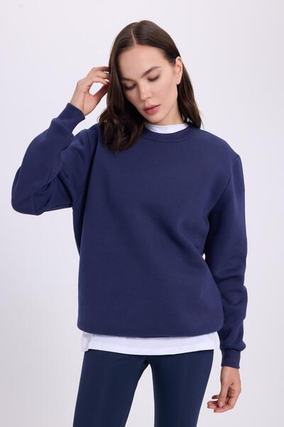 Tudors Women's Oversized Wide Cut Cotton Soft Textured Fleece Inside Basic Navy Blue Crew Neck Sweatshirt